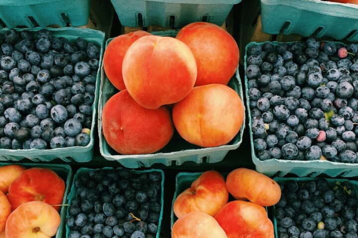 fruits in green baskets