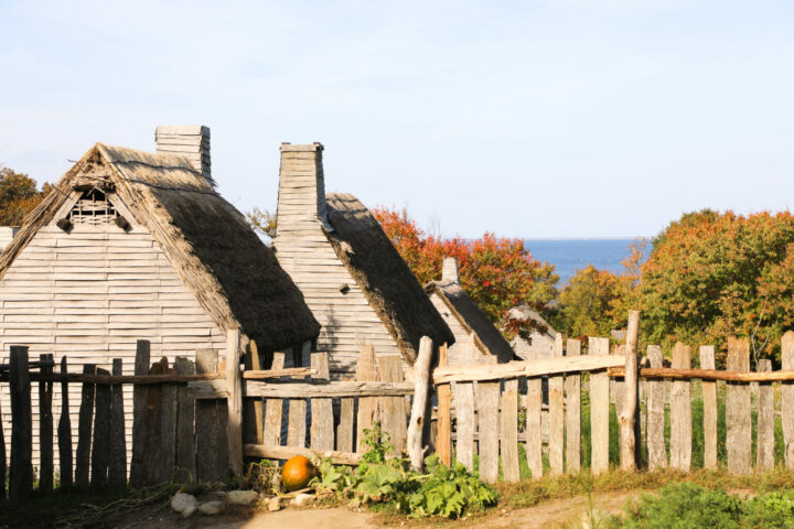 Thatch houses line up on a beautiful day at Plimoth Patuxet Museum.